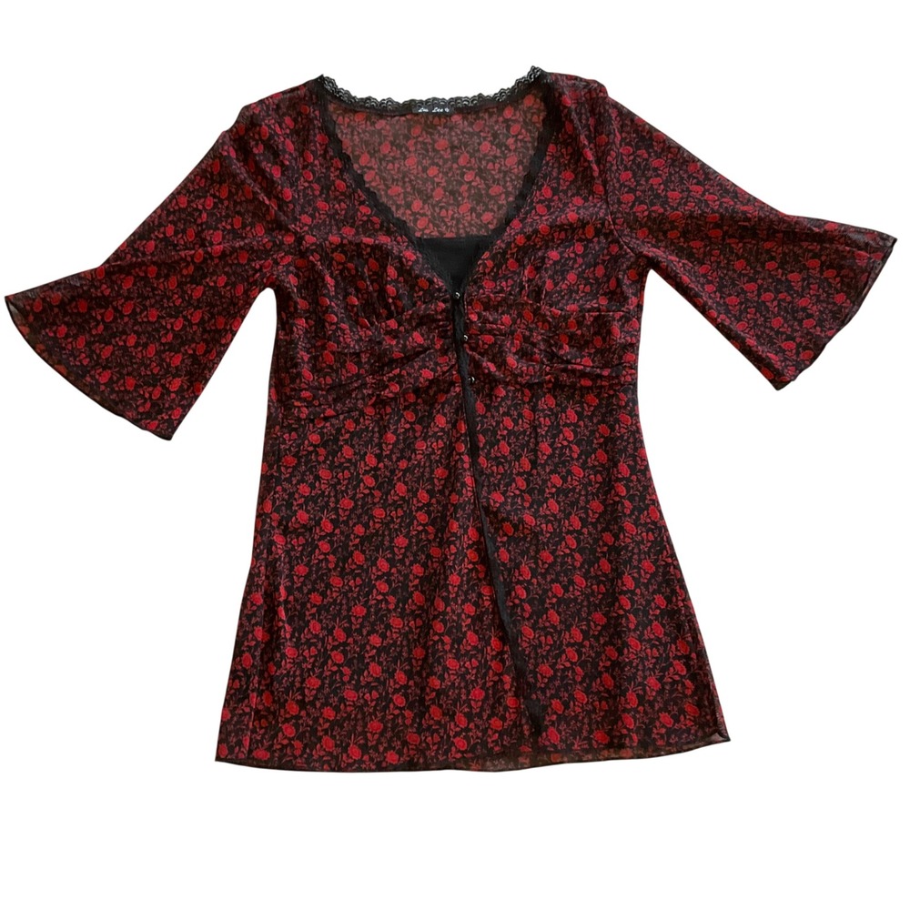 Floral Mesh Top Women Medium Red Black Lace Trim Bell Sleeve Sheer V-Neck Y2k